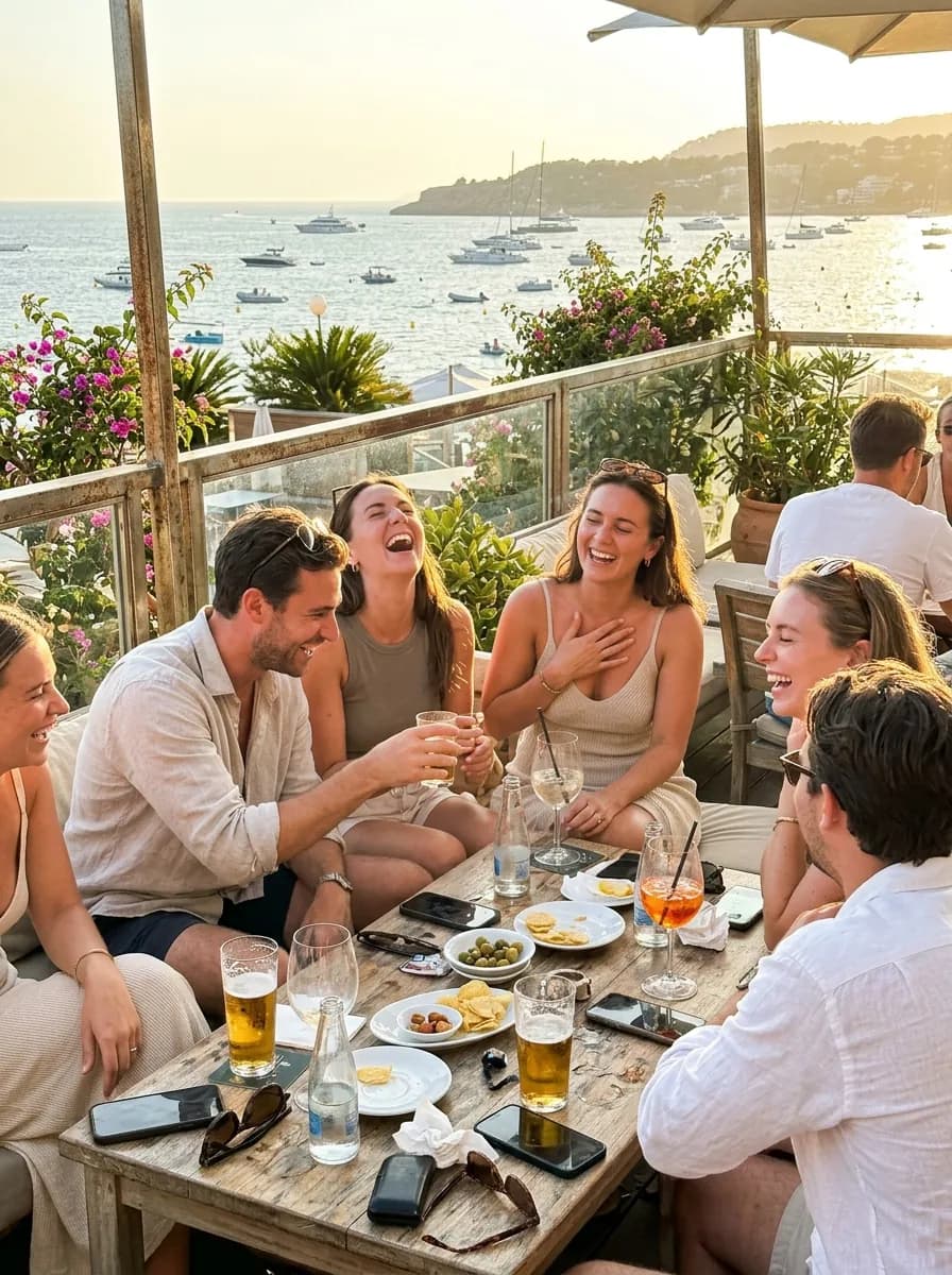 Amici che ridono a un tavolo in terrazza, con il mare dietro