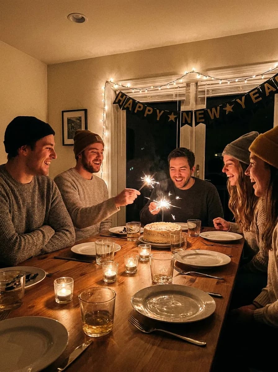 Amici che ridono a una cena di Capodanno, con le stelline accese sulla torta
