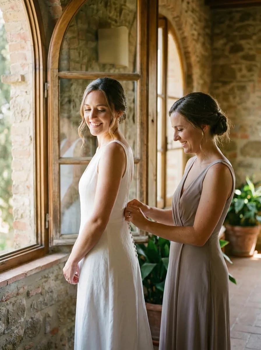 Una testimone allaccia l’abito della sposa accanto a una finestra