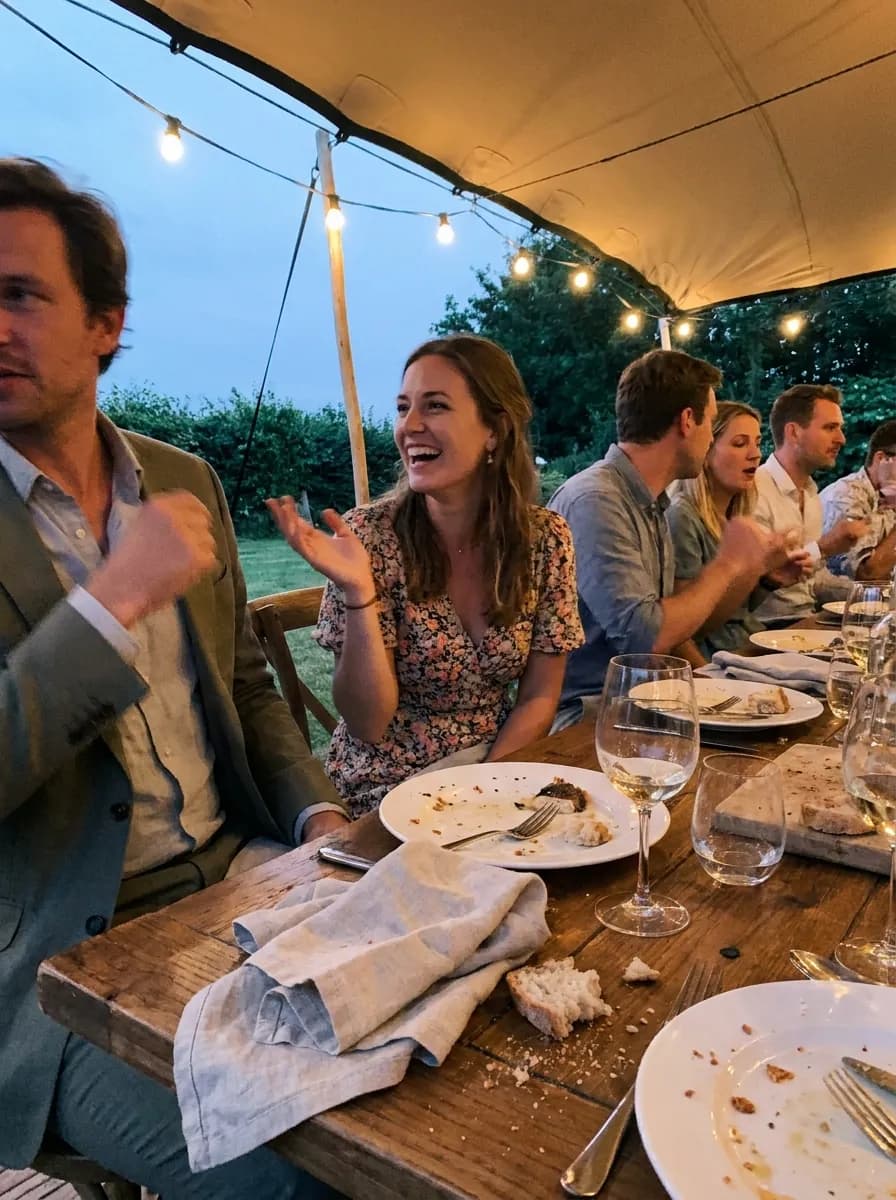 Invitati che ridono a un tavolo di nozze, sotto una tenda