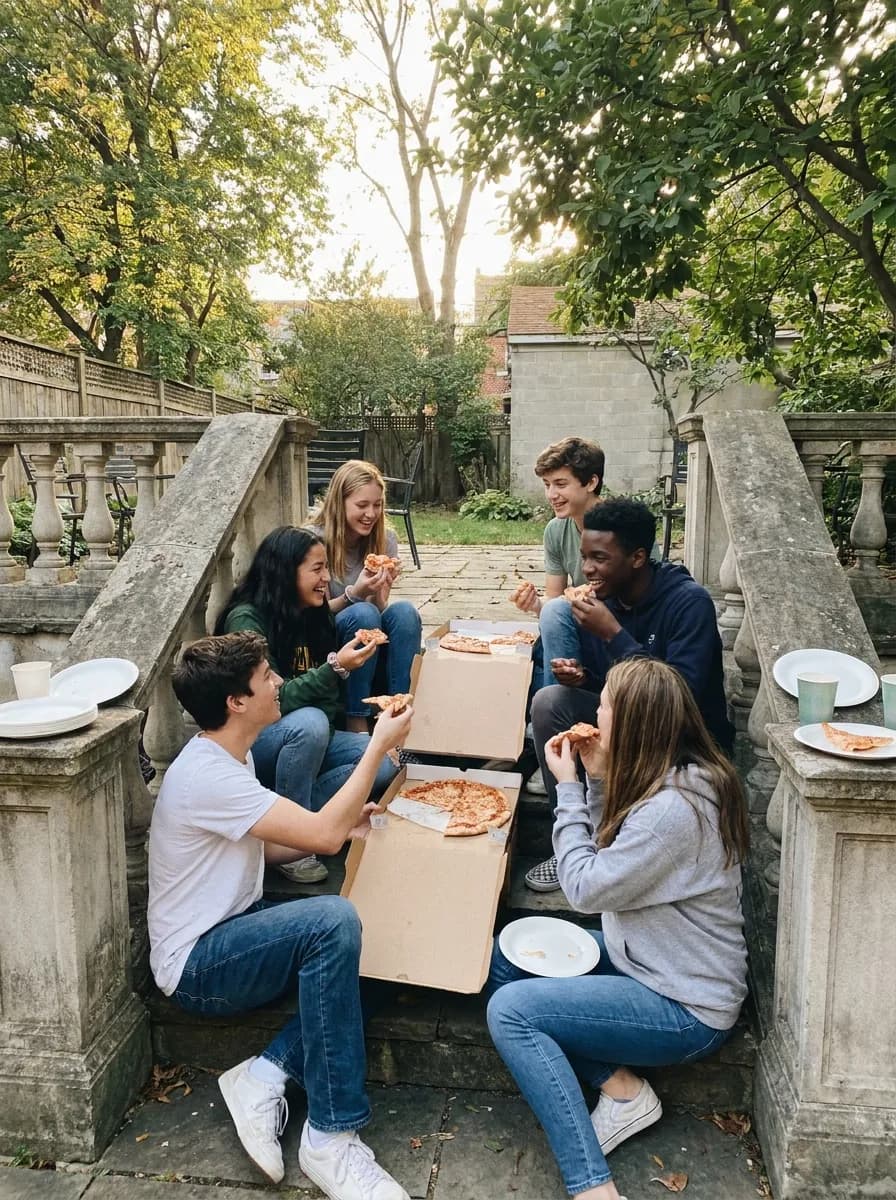 Ragazzi che mangiano la pizza seduti sui gradini di un giardino